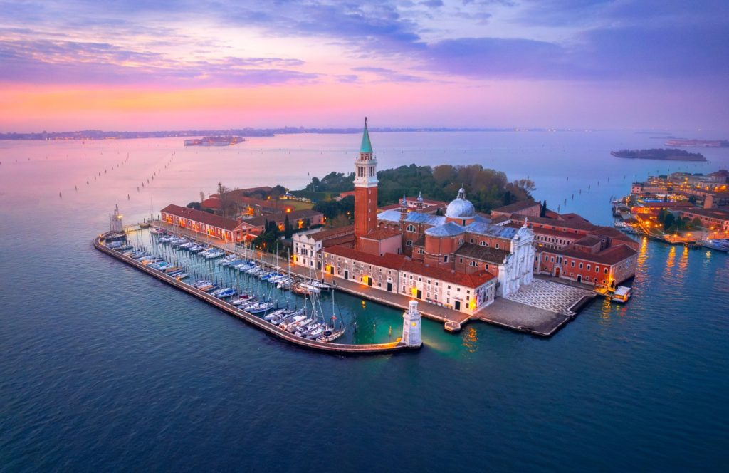 San Giorgio Maggiore island with church and marina, Venice, Italy