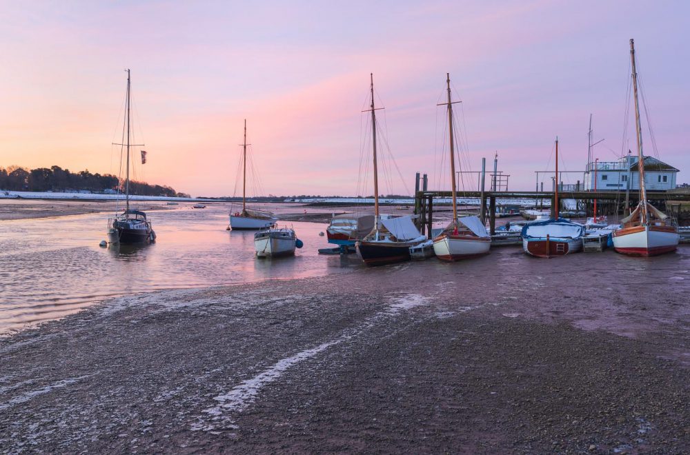 Sunrise in front of the Woodbridge Boat Yard on the River Deben