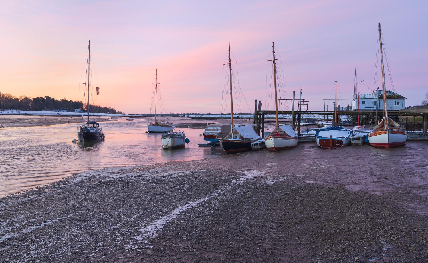 Sunrise in front of the Woodbridge Boat Yard on the River Deben