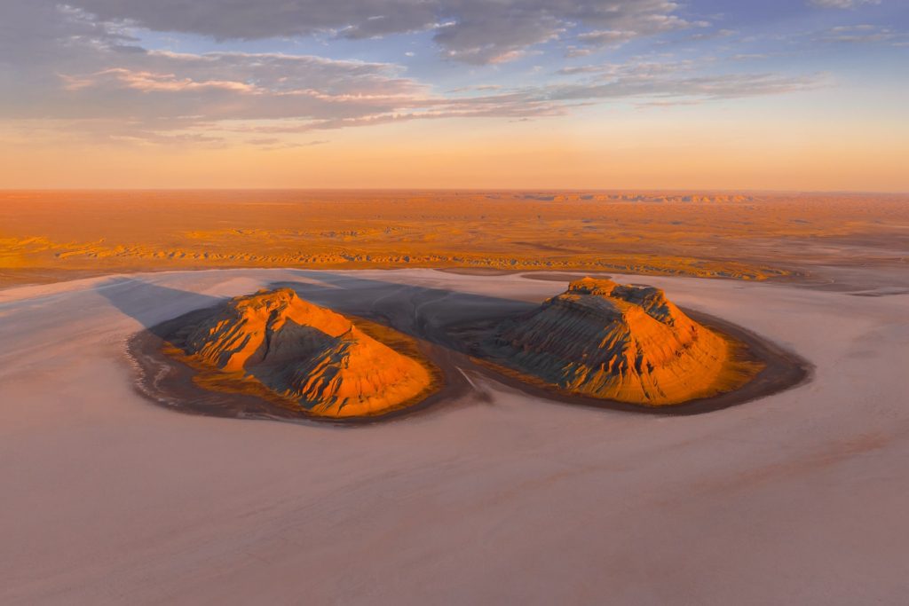 Aerial view of Karynzharyk at sunrise, Kazakhstan's unique landscape