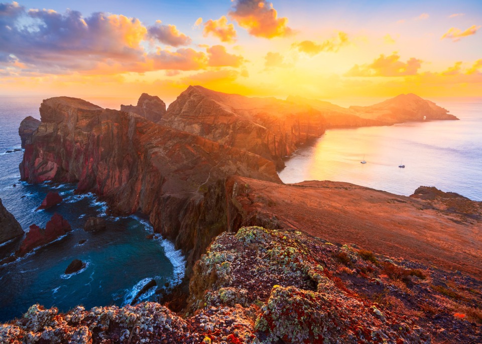 Sunrise over rugged cliffs at Ponta de São Lourenço, Madeira, Portugal