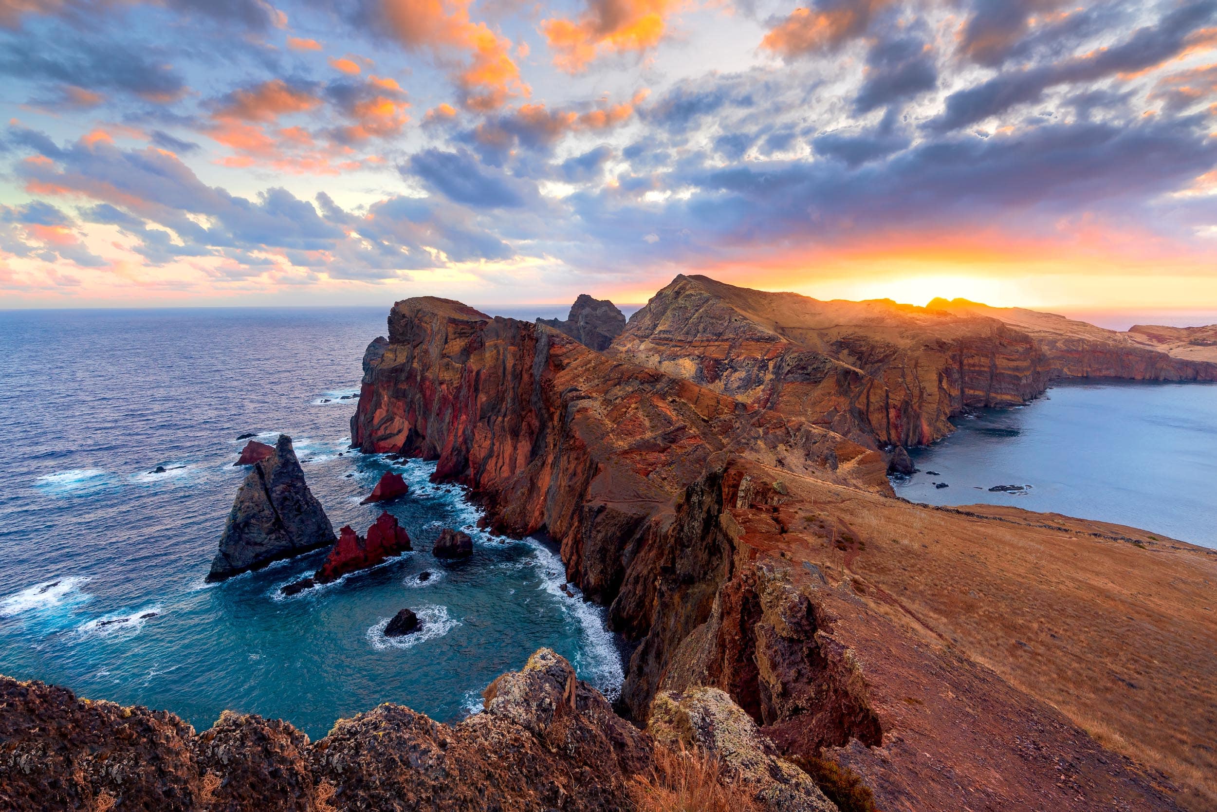 Sunrise over rocky cliffs at Ponta de São Lourenço, Madeira, Portugal