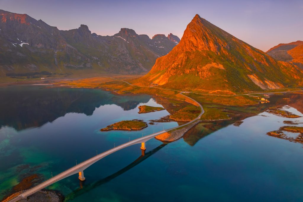 Stor Buoya bridge under the midnight sun, Lofoten Islands, Norway