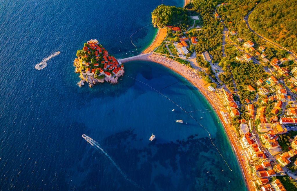 Aerial view of Sveti Stefan, Montenegro with beaches and turquoise waters