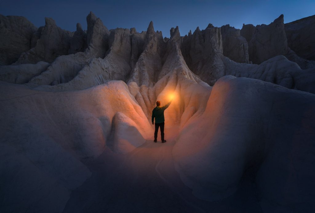 Exploring Tuzbair Salt Flat at blue hour in Kazakhstan