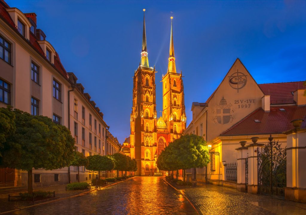 Wrocław Cathedral illuminated at night, Wrocław, Poland