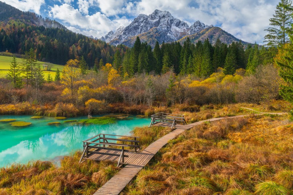 Zelenci viewpoint with turquoise water and snow-capped mountains, Slovenia