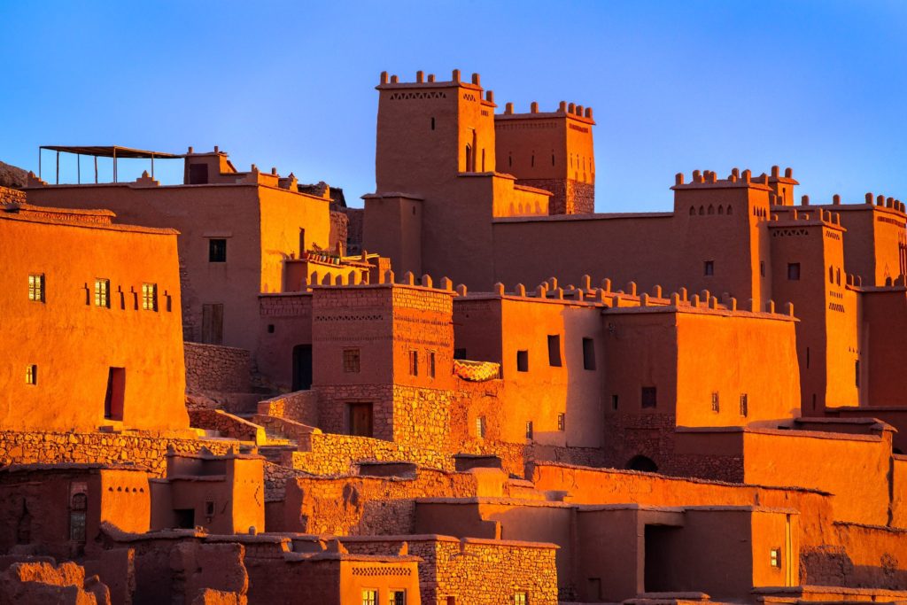 Sunrise illuminating the Jigsaw kasbah, Aït Benhaddou, Morocco