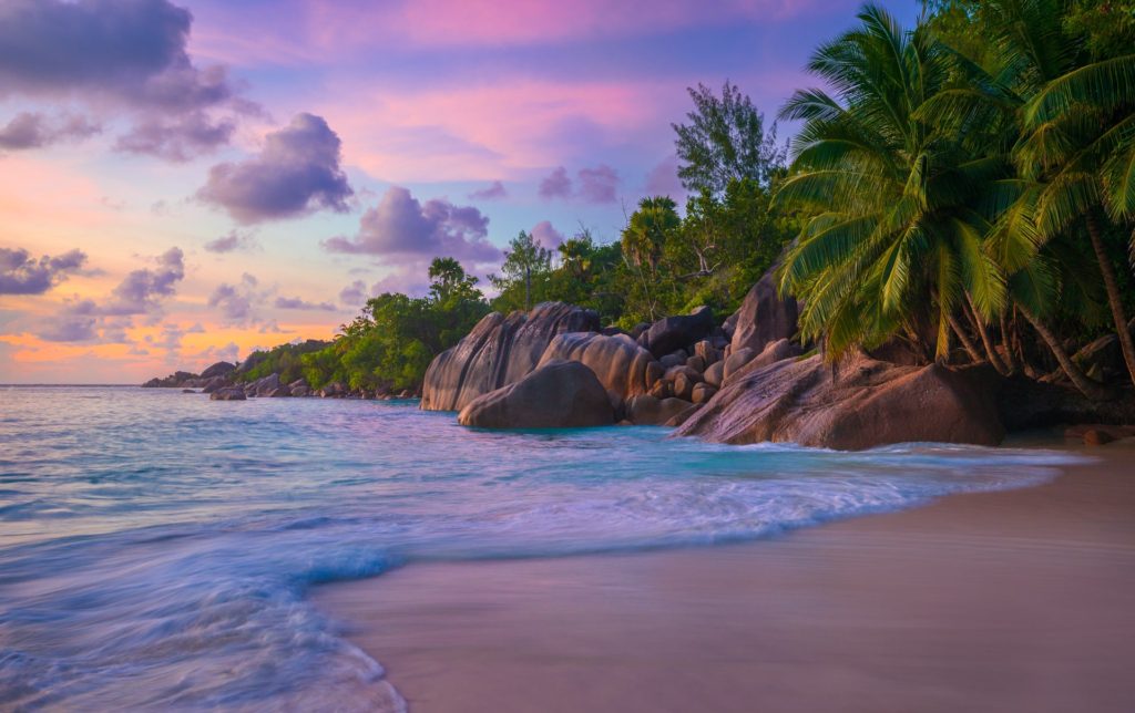 Colourful sunset over Anse Lazio beach, Seychelles