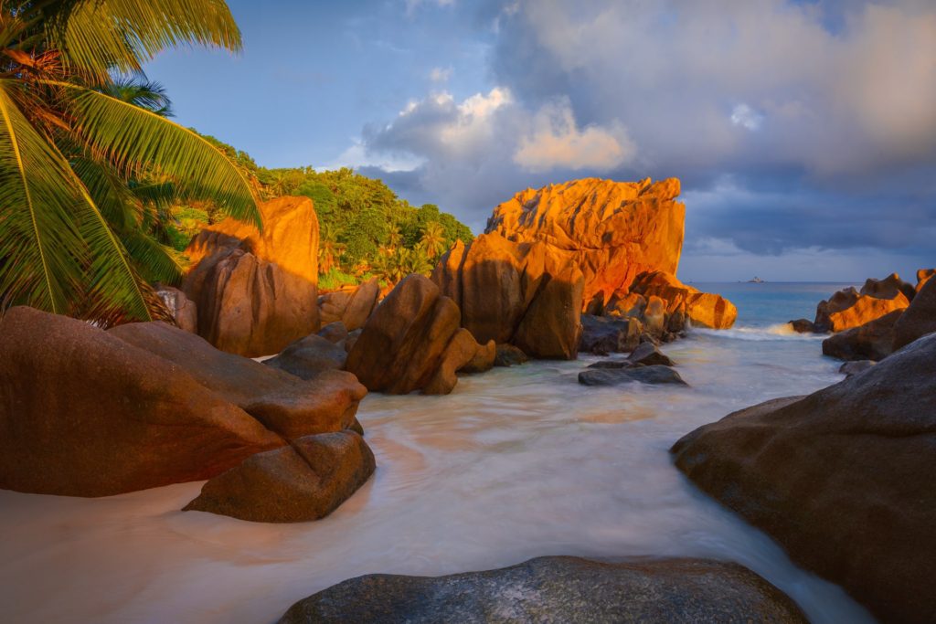 Anse Palatte beach at sunrise with granite rocks, Seychelles