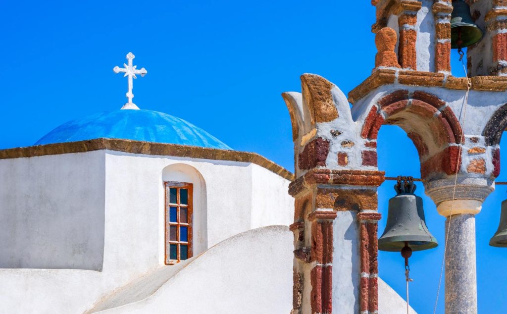 Old bell tower and blue dome, Santorini, Greece
