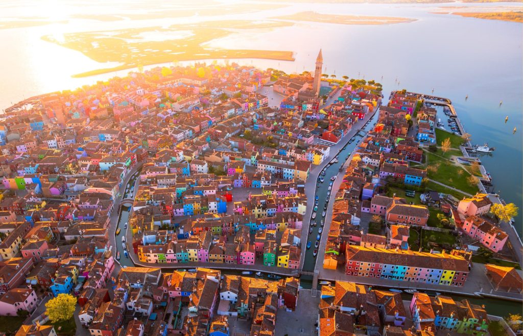 Aerial view of colourful houses in Burano, Venice, Italy