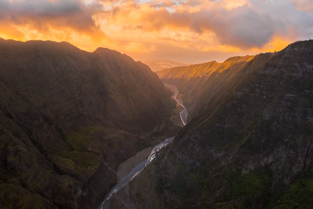 Dramatic sunset over Cap Noir valleys, Réunion Island, France