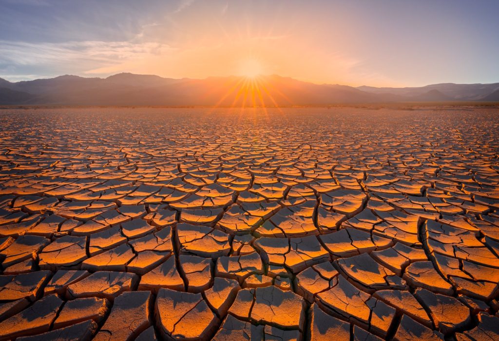 Cracked mud landscape at sunset in Death Valley, USA