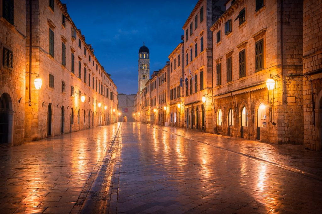 Early morning main street illuminated in Dubrovnik, Croatia