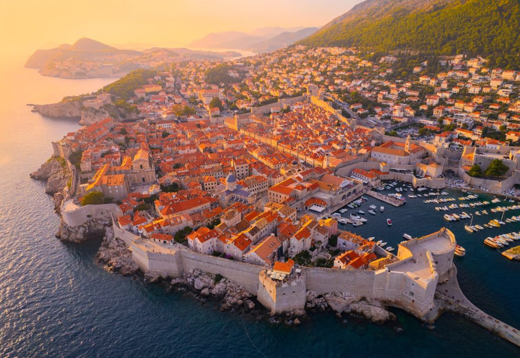 Aerial view of Dubrovnik's old town at sunset, Croatia
