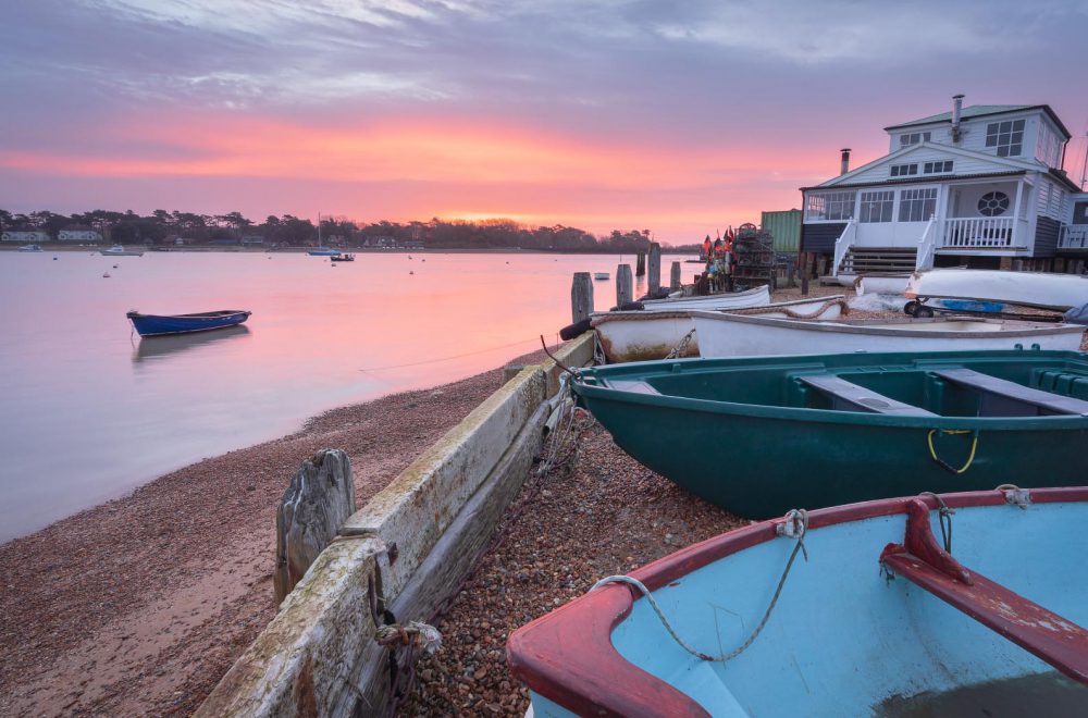 Felixstowe Ferry boatyard with a colourful winter sunrise