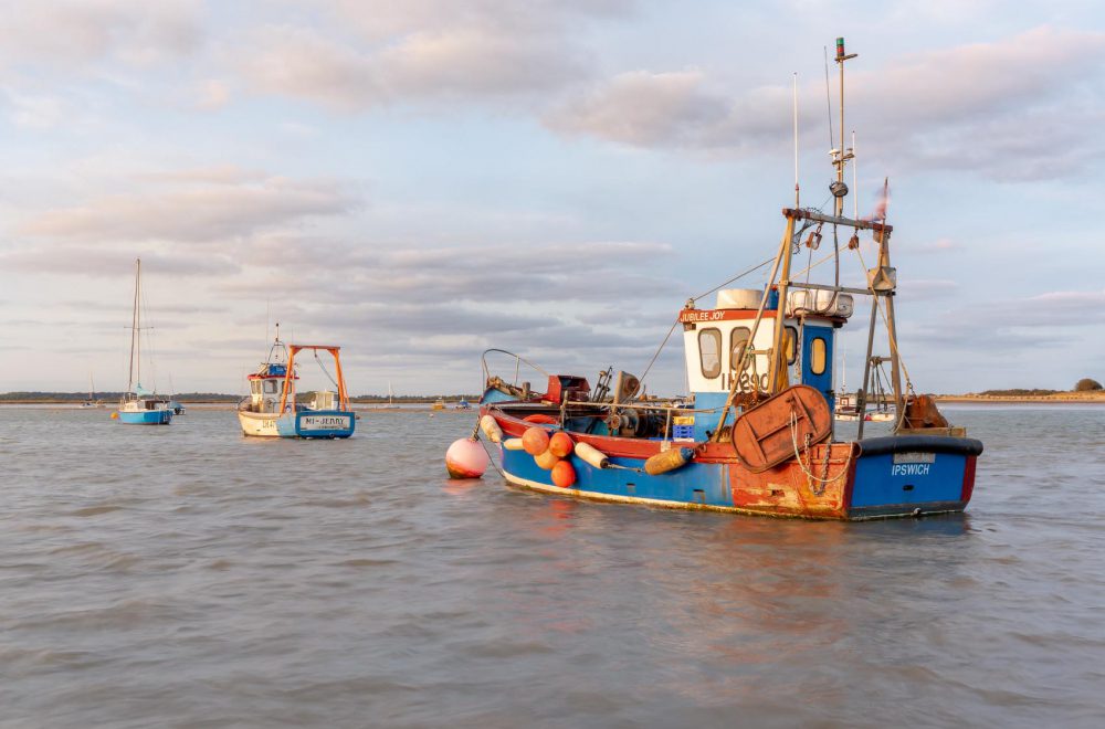 Boats moored at Felixstowe ferry with setting sun illuminating the boats