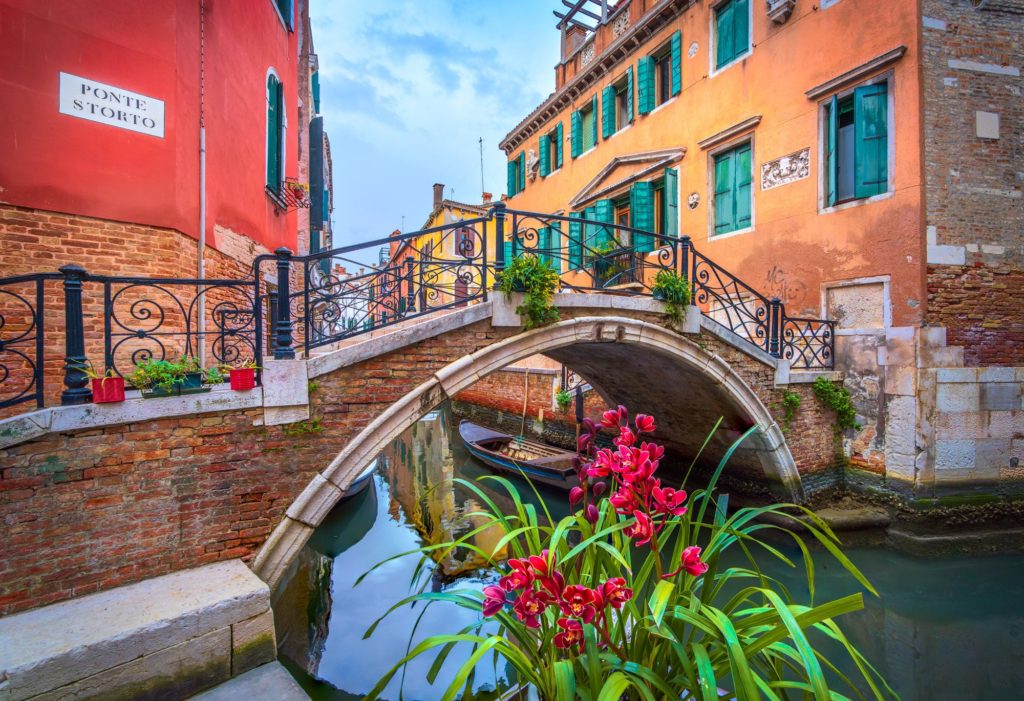 Vibrant flowers in a canal with a bridge in Venice, Italy