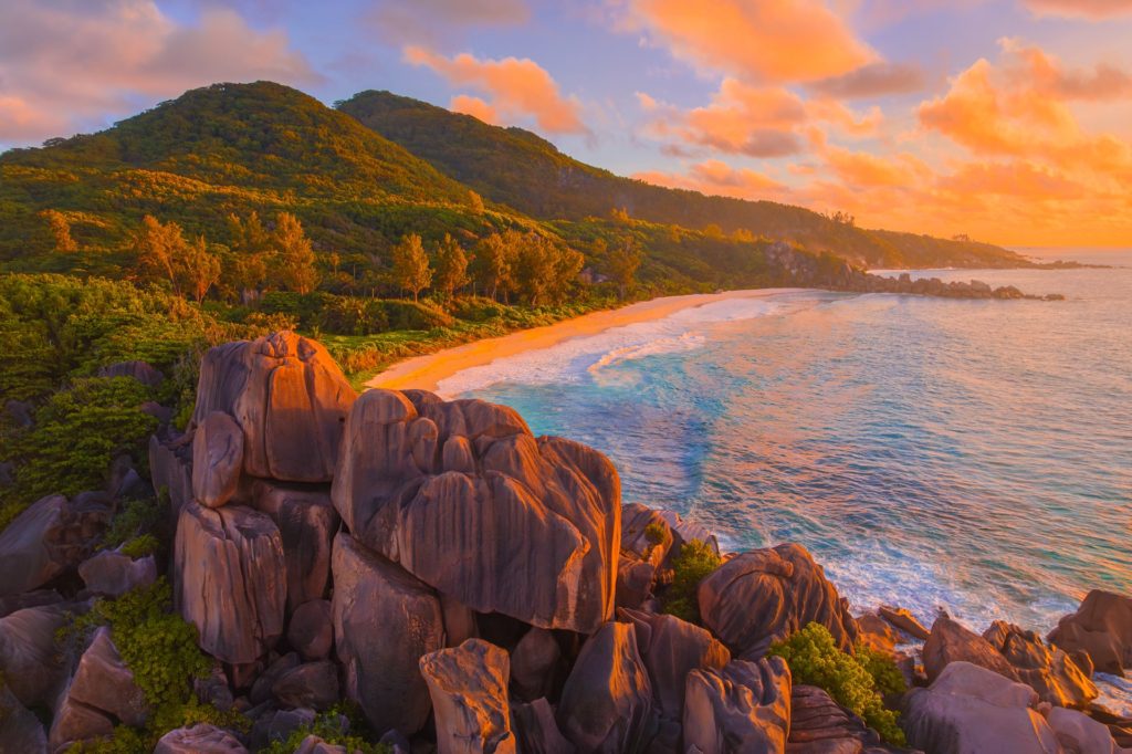 First light over Grand Anse beach, La Digue, Seychelles