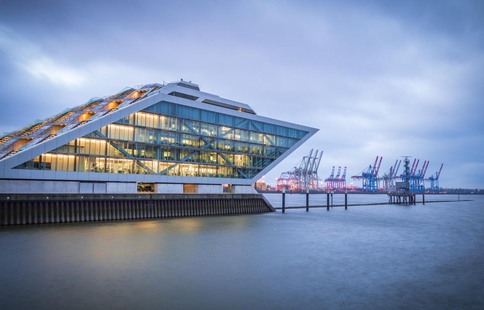 Dockland office building in Hamburg, Germany, on a dramatically cloudy winter morning