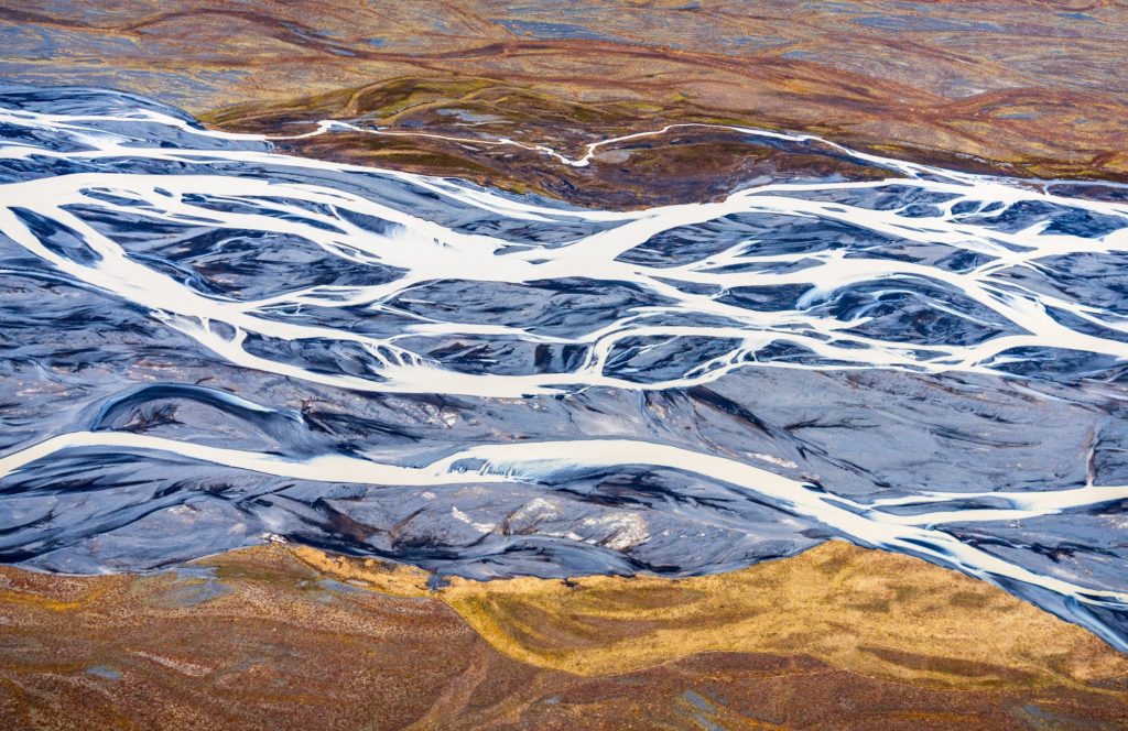 Aerial view of glacial rivers and landscapes in Iceland