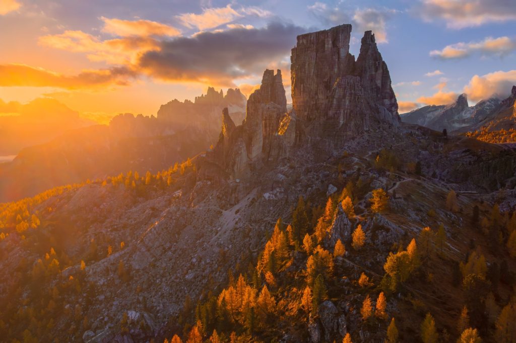 Cinque Torri at sunrise, autumn colours in the Dolomites, Italy