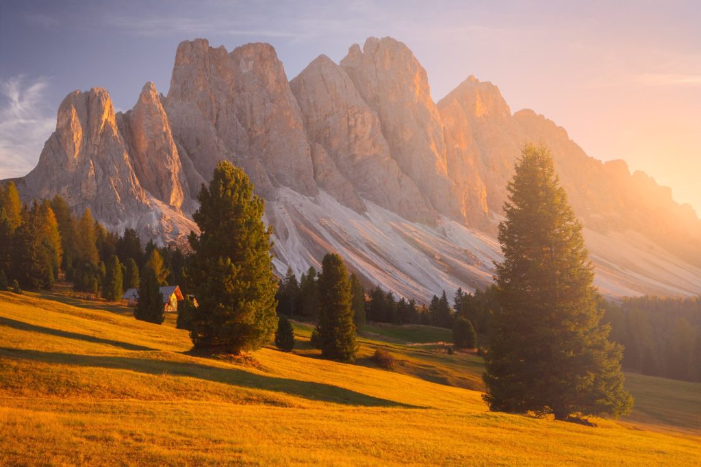 Autumn landscape in the Dolomites, Italy with mountains and trees