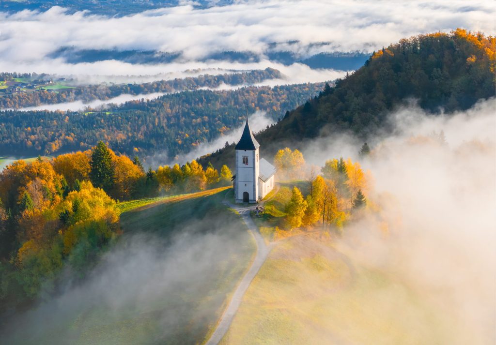Jamnik clearing with mist and autumn trees, Slovenia