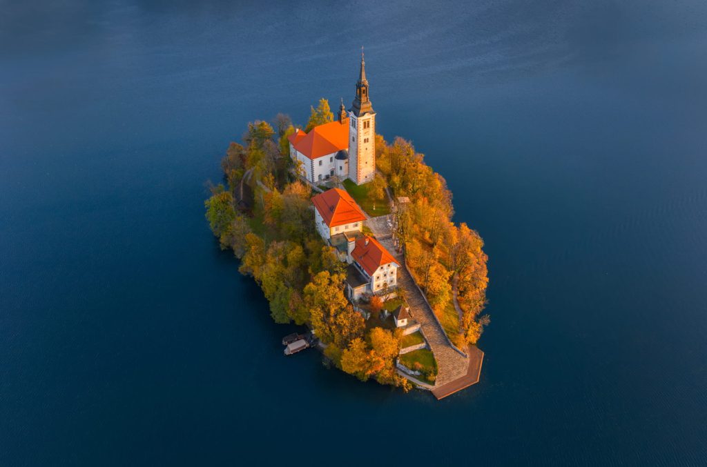 Aerial view of Bled Island and church, Lake Bled, Slovenia