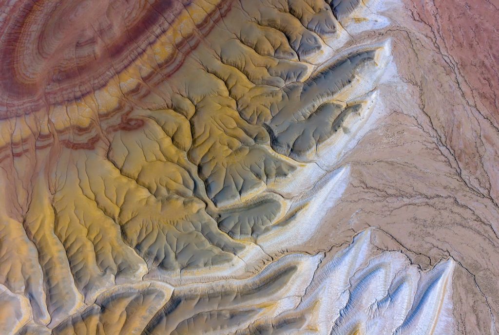 Aerial view of layered geological formations in Mangystau, Kazakhstan