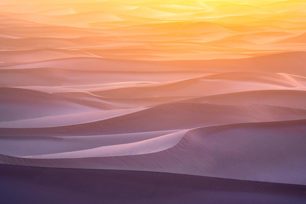 Golden sand dunes undulating in the Moroccan desert at sunset