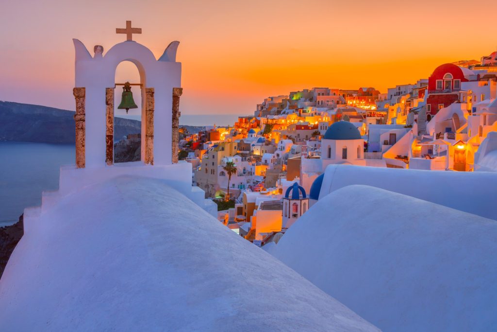 Oia's iconic church bell at blue hour, Santorini, Greece