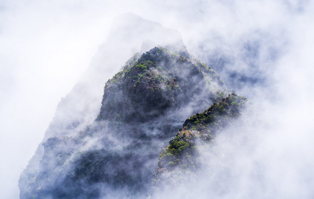 Pico Ruivo peaks shrouded in clouds, Madeira, Portugal
