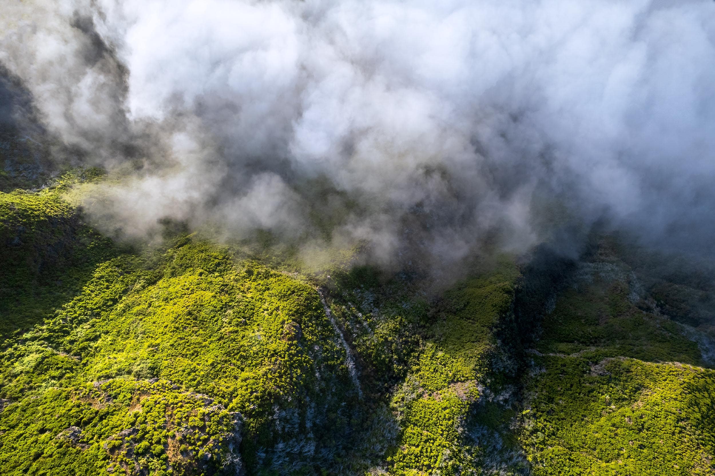 Cloud patterns over lush greenery, Pico Ruivo, Madeira, Portugal