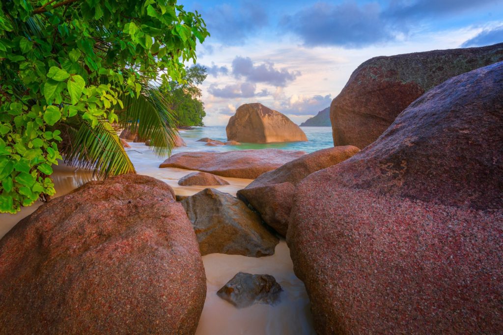 Seascape with large granite rocks and lush greenery, Praslin Island, Seychelles