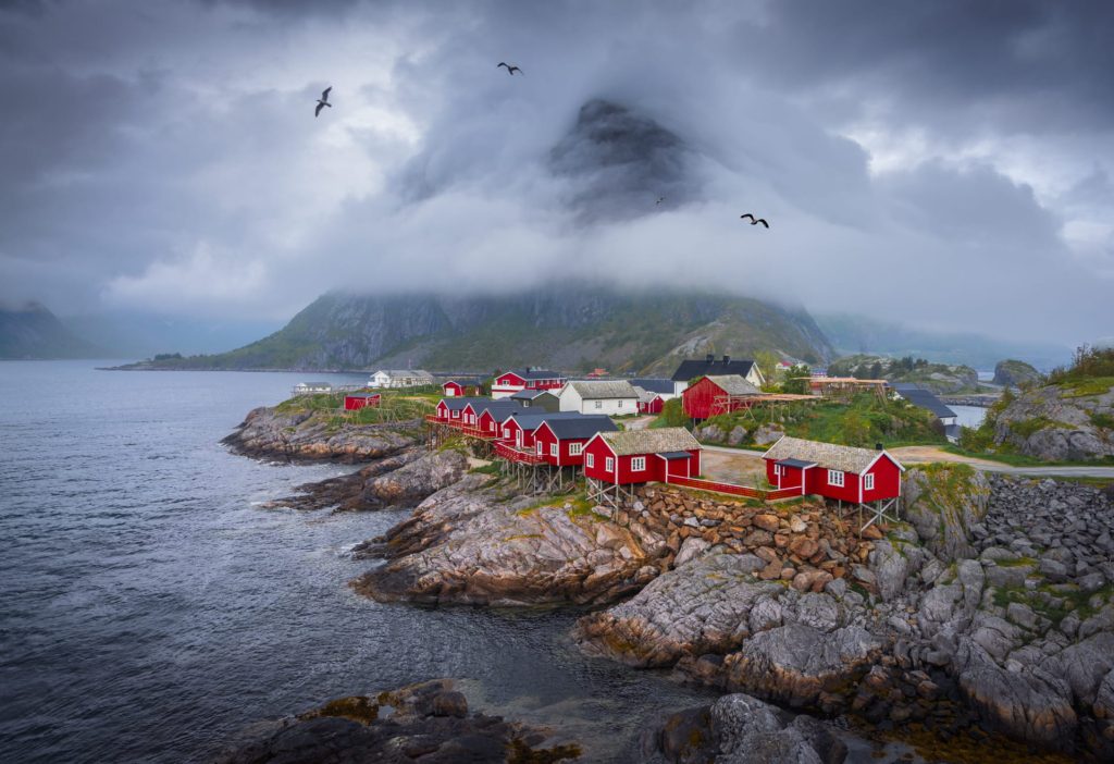 Red fishing cabins along the rocky shore in Reine, Lofoten, Norway