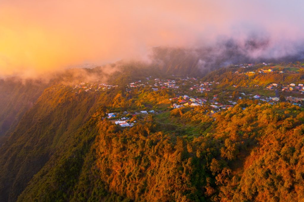 Remote mountain village at sunset, Réunion Island