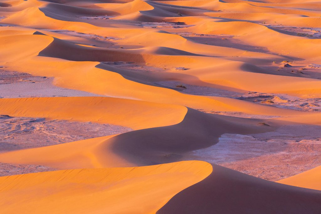 Wavy sand dunes bathed in orange light, Sahara Desert, Morocco