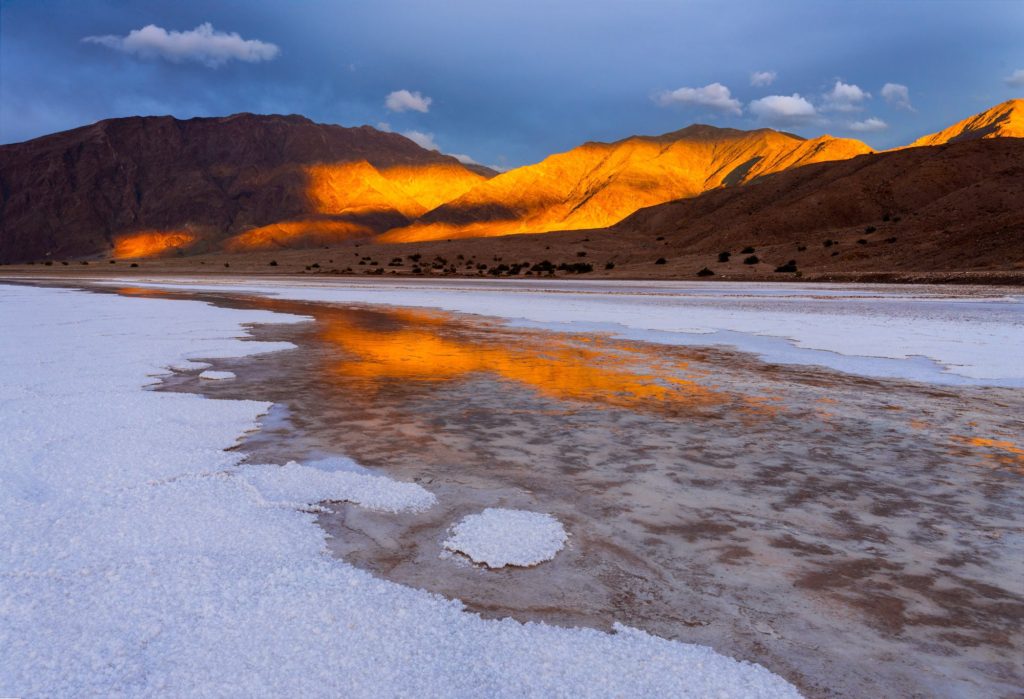 Last light reflecting on salt flats, Death Valley, USA