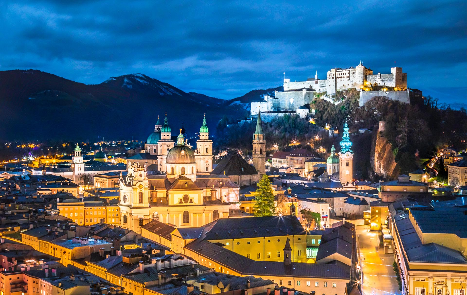 salzburg austria view of Fortress Hohensalzburg-night