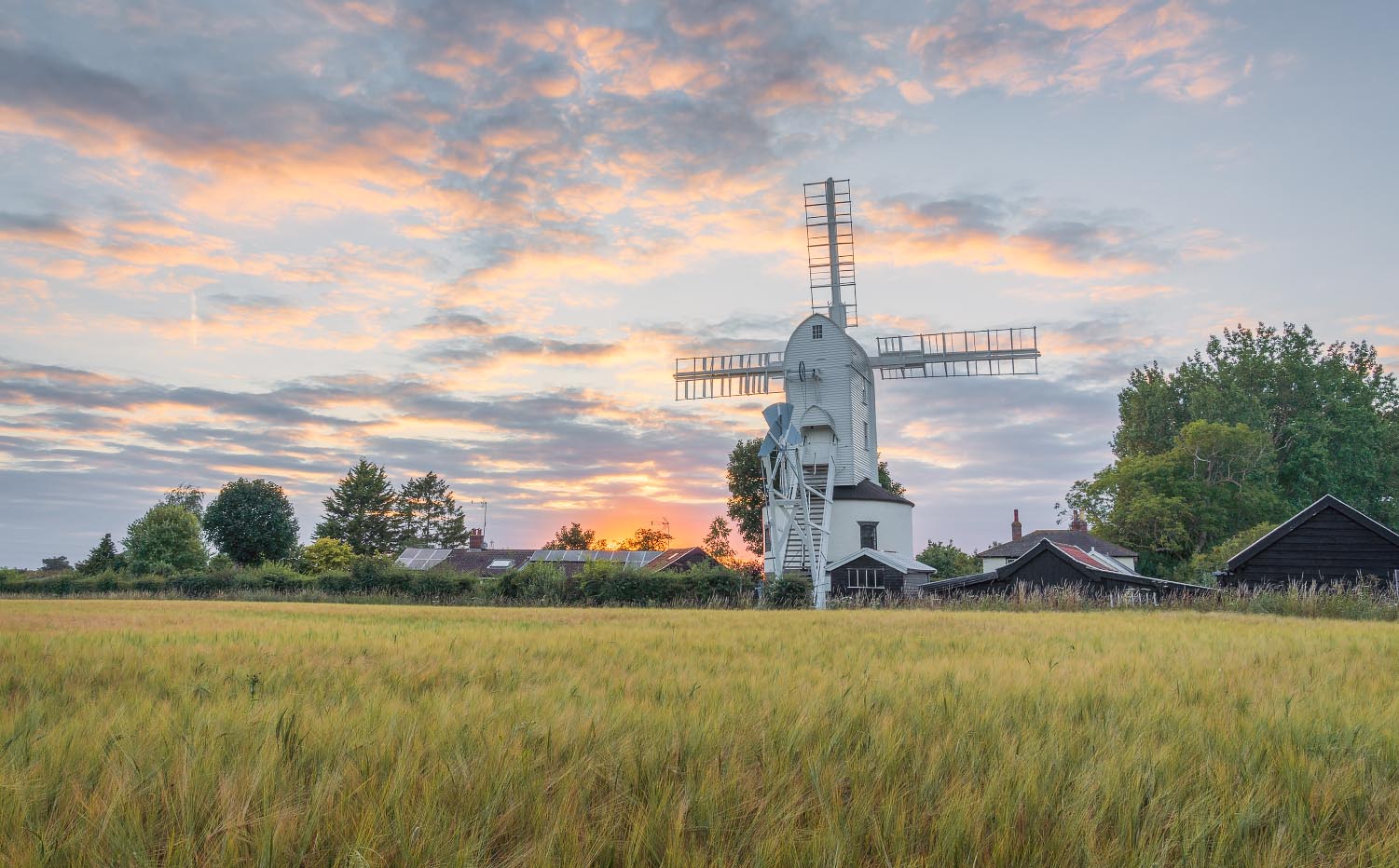 Saxtead Green Post Mill on a summer evening with colour sunset in the background