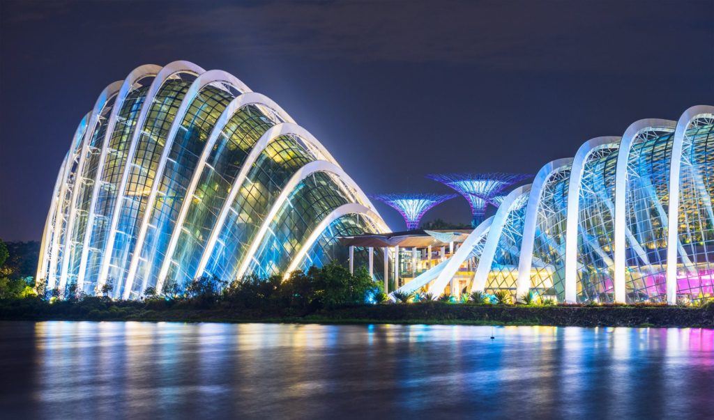 Illuminated futuristic architecture at Gardens by the Bay, Singapore