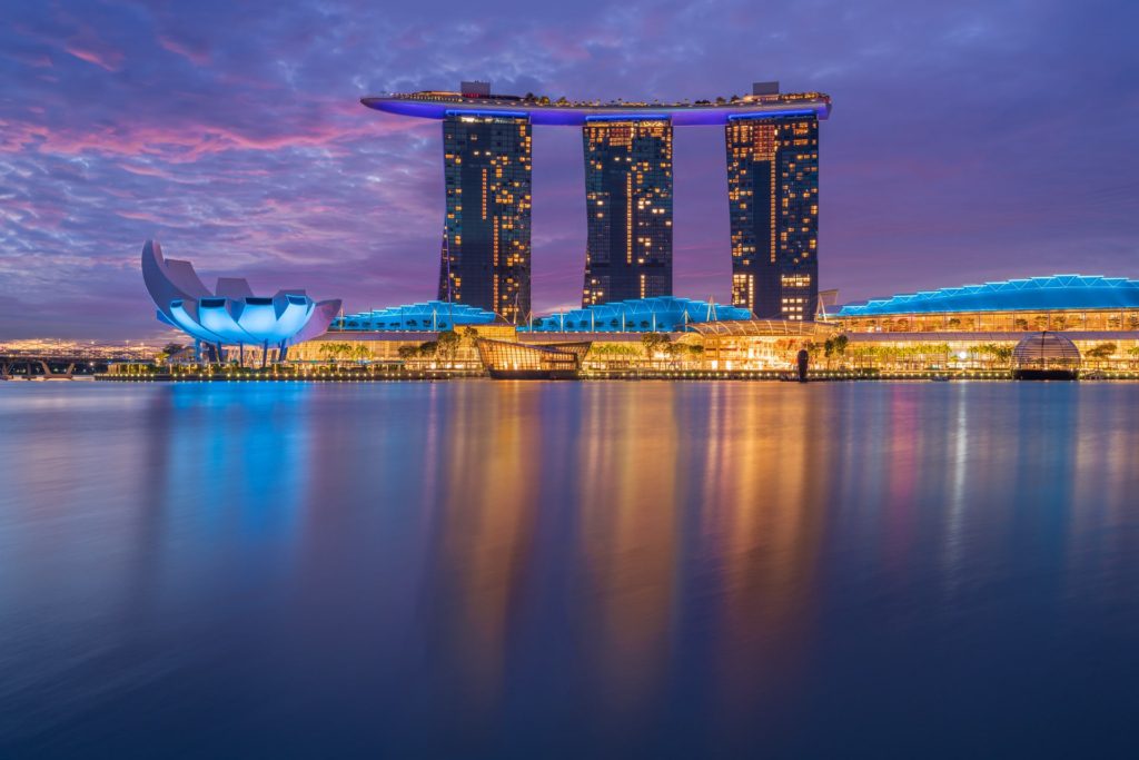 Marina Bay Sands hotel illuminated at blue hour, Singapore