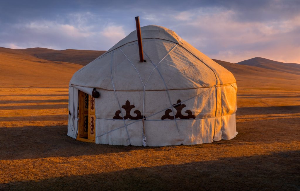Yurt at Song Kul Lake in Kyrgyzstan during sunset