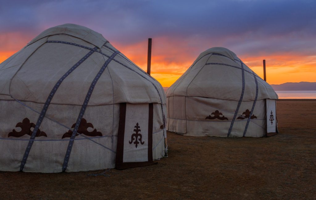 Yurts at Song Kul Lake during sunset, Kyrgyzstan