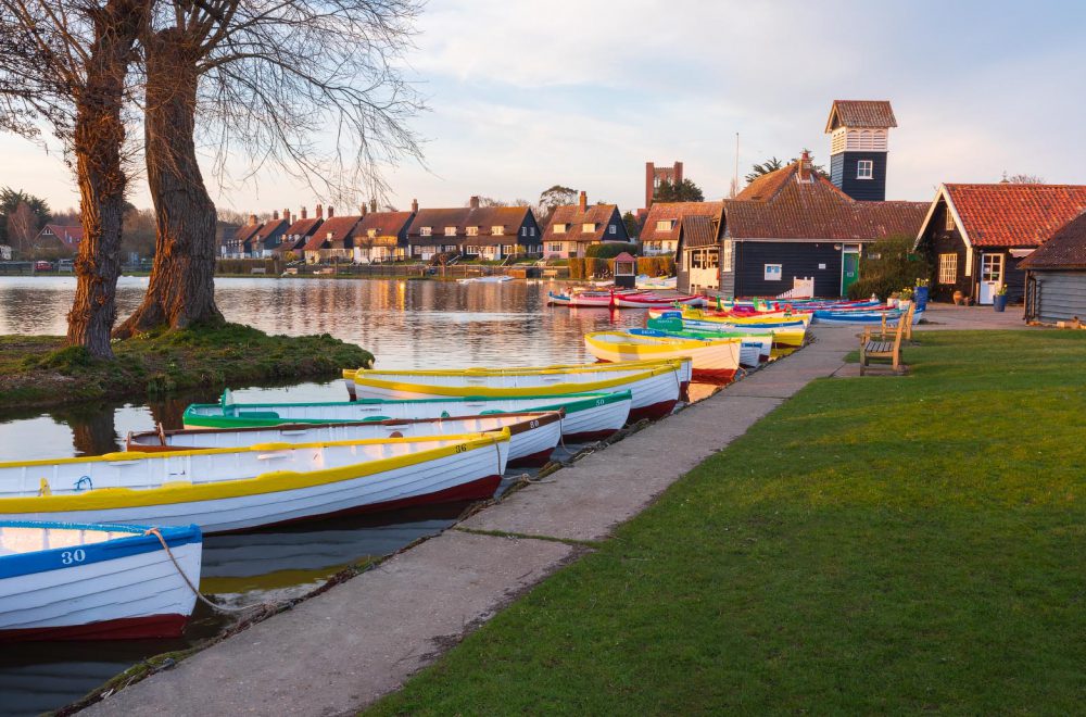 Evening light hitting the boats at Thorpeness Mere in Suffolk