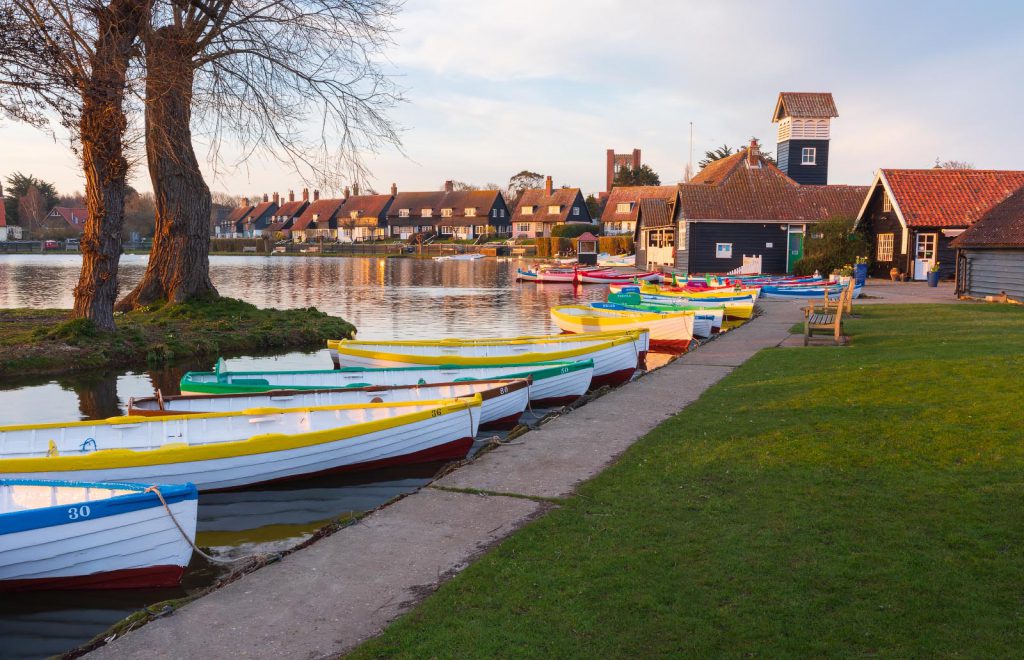 Evening light hitting the boats at Thorpeness Mere in Suffolk