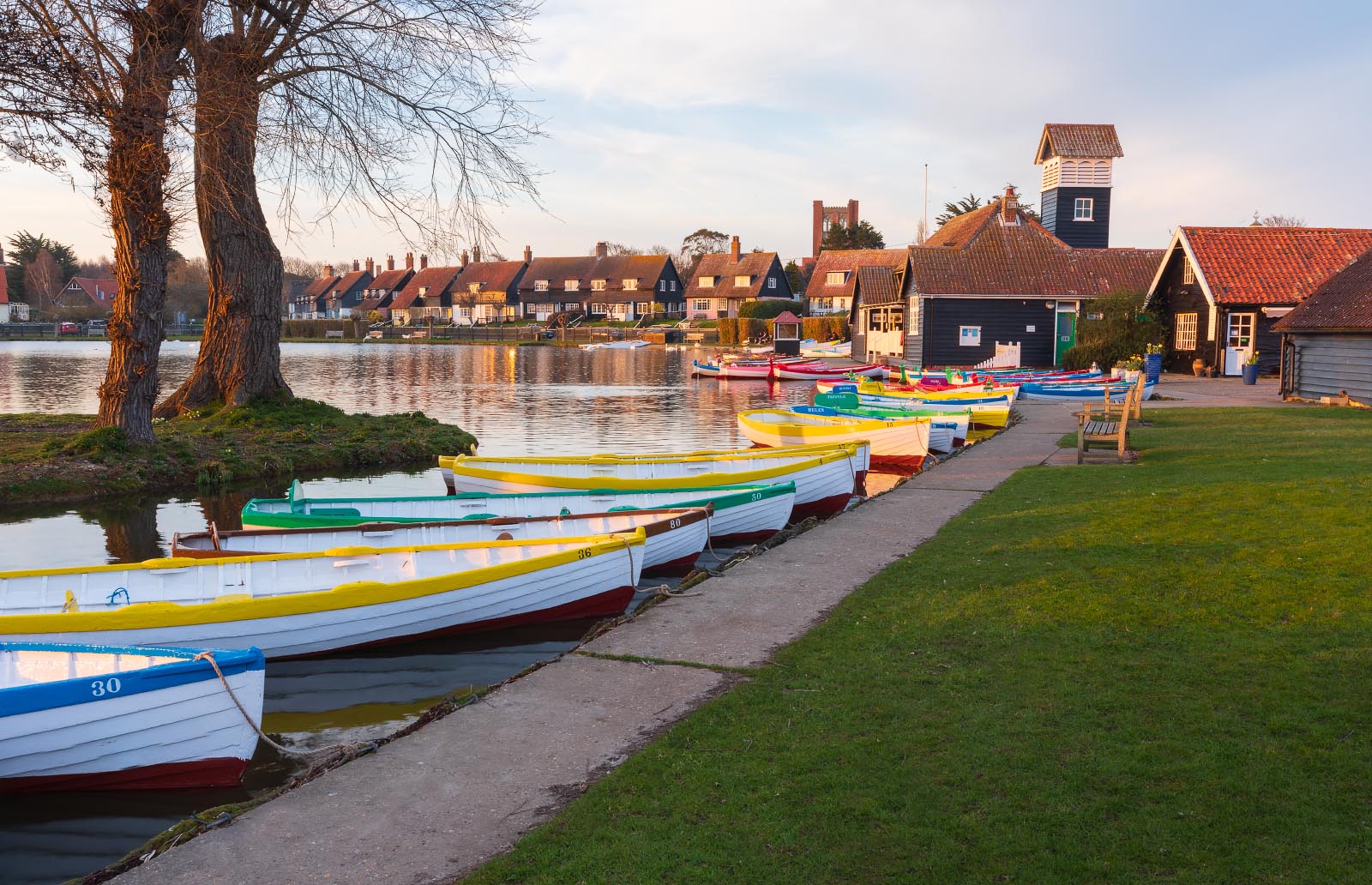 Evening light hitting the boats at Thorpeness Mere in Suffolk
