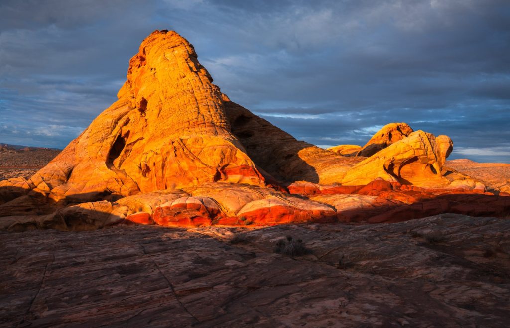 Sunset illuminates vibrant rock formations in Valley of Fire, Nevada, USA